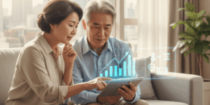 노부부가 기초연금에 대한 내용을 자세히 확인하고 있는 이미지