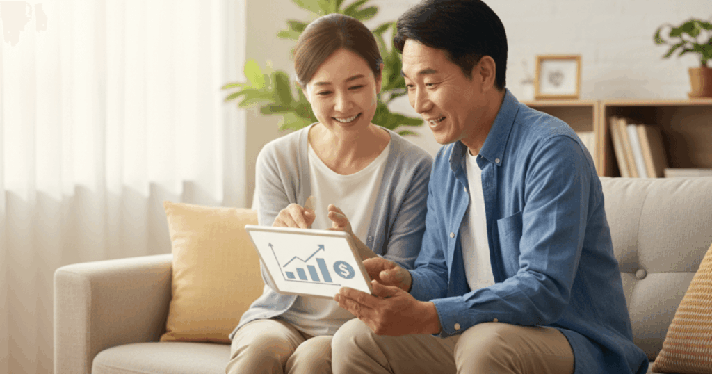 50대 부부가 근로장려금 금액을 확인하며 기뻐하는 이미지