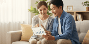 50대 부부가 근로장려금 금액을 확인하며 기뻐하는 이미지