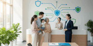 한가정이 긴급복지지원금의 안내를 들으며 안도감을 가지고 있는 이미지