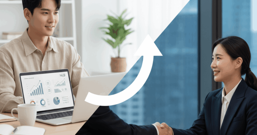 젊은 남녀가 내일 배움카드에 관해 이야기를 듣고 있는 이미지