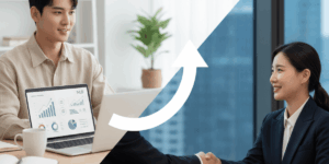 젊은 남녀가 내일 배움카드에 관해 이야기를 듣고 있는 이미지