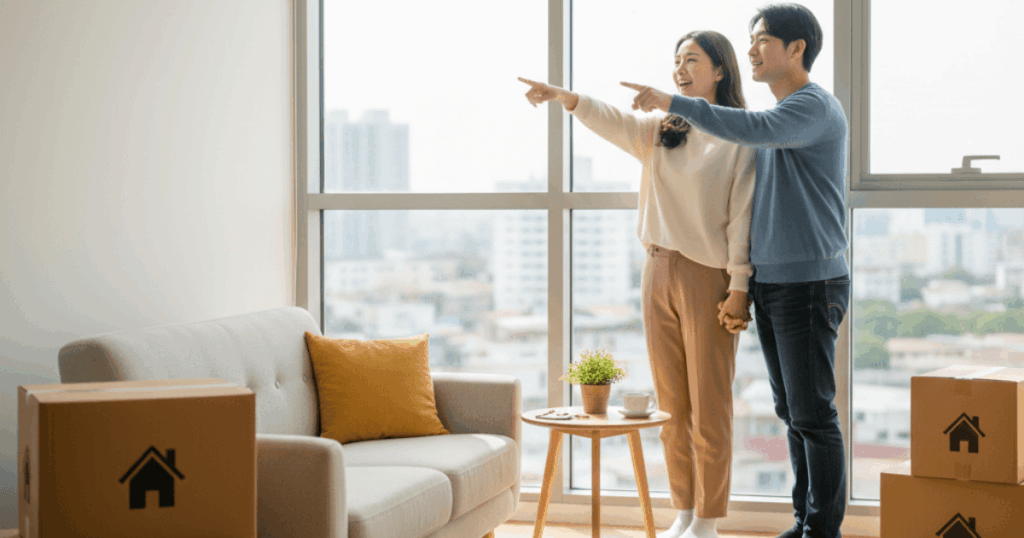 무주택자 부부자 새로운 전세집을 구할생각에 즐거워하는 이미지