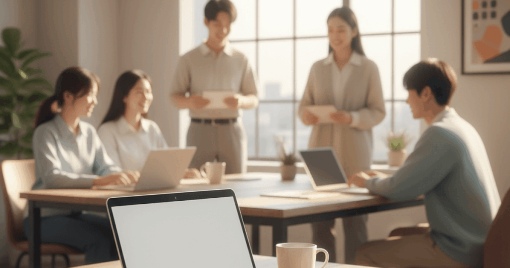 남녀가 정부 보조금 지원 혜택에 대해 이야기 하고 있는 이미지