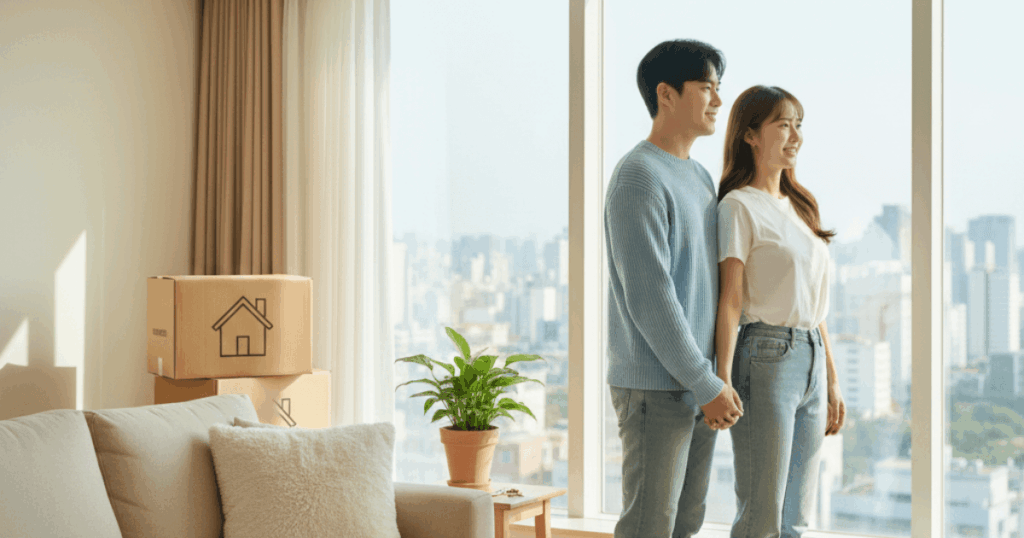 신혼부부가 전세집 마련의 꿈을 꾸면 갇은곳을 바라보며 행복해 하는 이미지