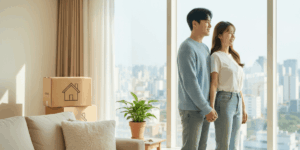 신혼부부가 전세집 마련의 꿈을 꾸면 갇은곳을 바라보며 행복해 하는 이미지