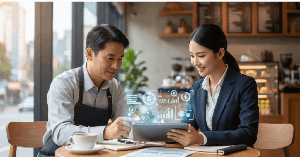 소상공인이 정책지원대출 내용을 설명 듣고 있는 이미지