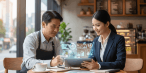 소상공인이 정책지원대출 내용을 설명 듣고 있는 이미지