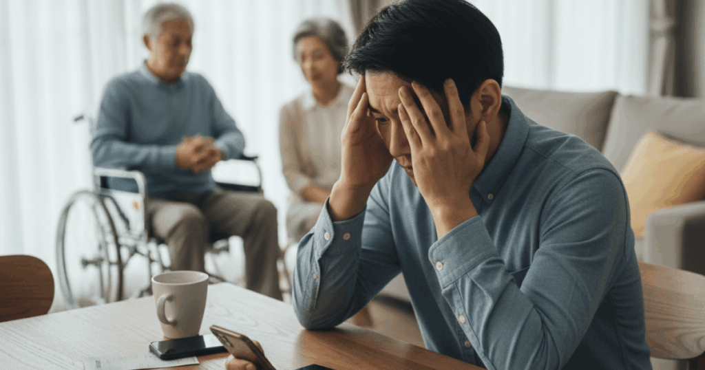부모님 건강 때문에 40대 남성이 고민하는 이미지