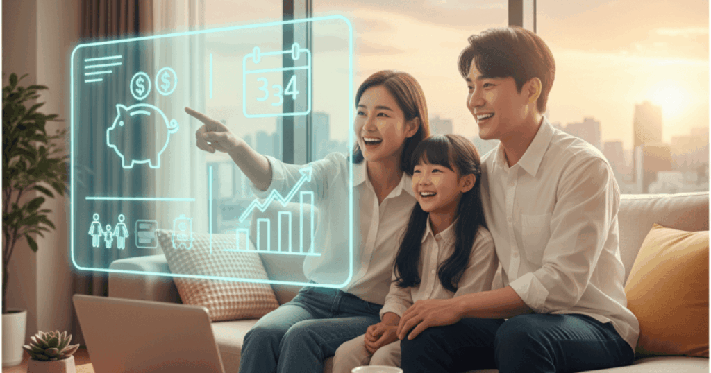 청년 미래적금 출시 예정이란 소식에 가족이 함게 기뻐하는 이미지
