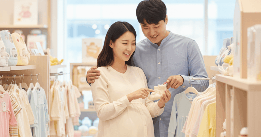 임신한 부부가 아이 옷을 고르며 행복해 하는 이미지