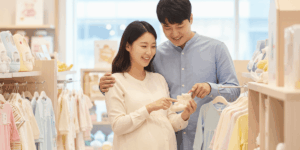 임신한 부부가 아이 옷을 고르며 행복해 하는 이미지