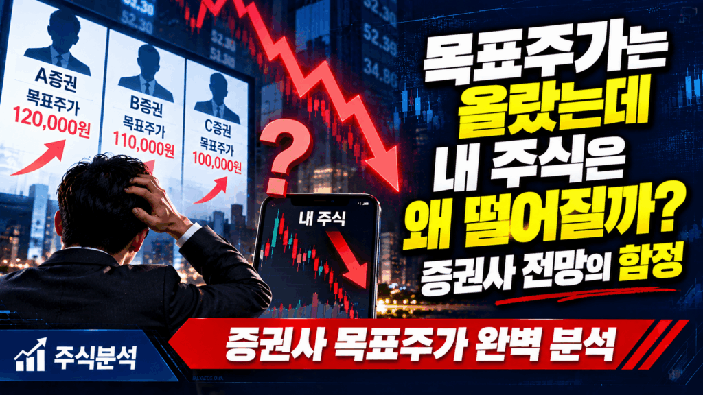 목표주가는 올랐는데 내 주식은 왜 떨어질까? 증권사 전망과 실제 주가 하락을 비교한 이미지