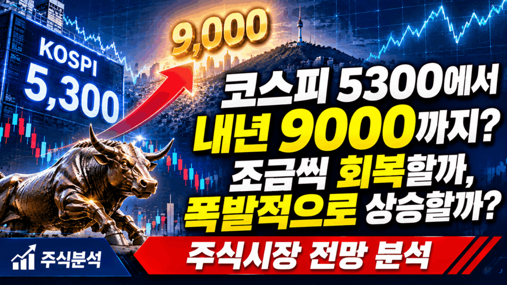 코스피 5300선 급락 이후 2027년 9000 전망과 상승 가능성을 표현한 이미지